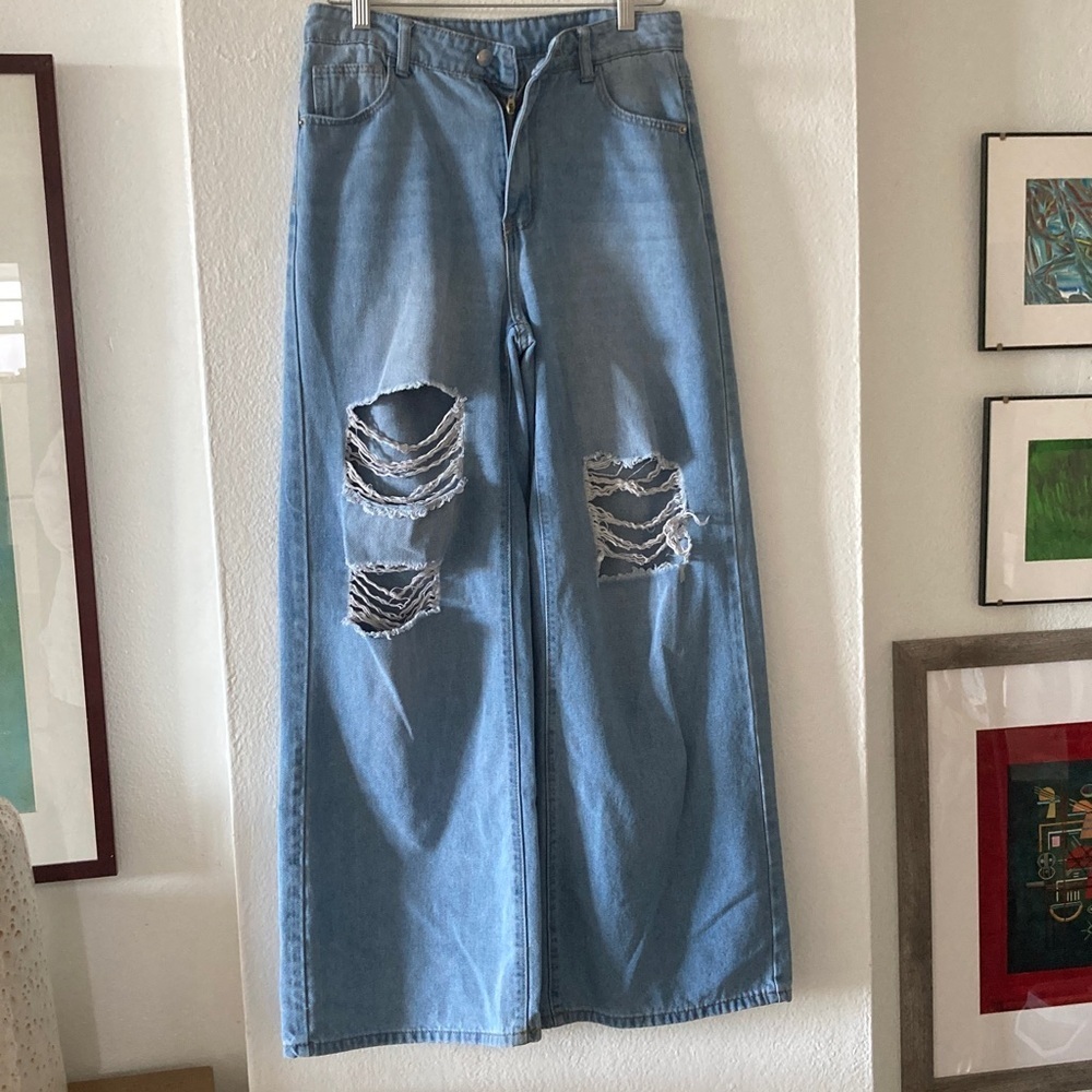 Distressed Wide-Leg Jeans
